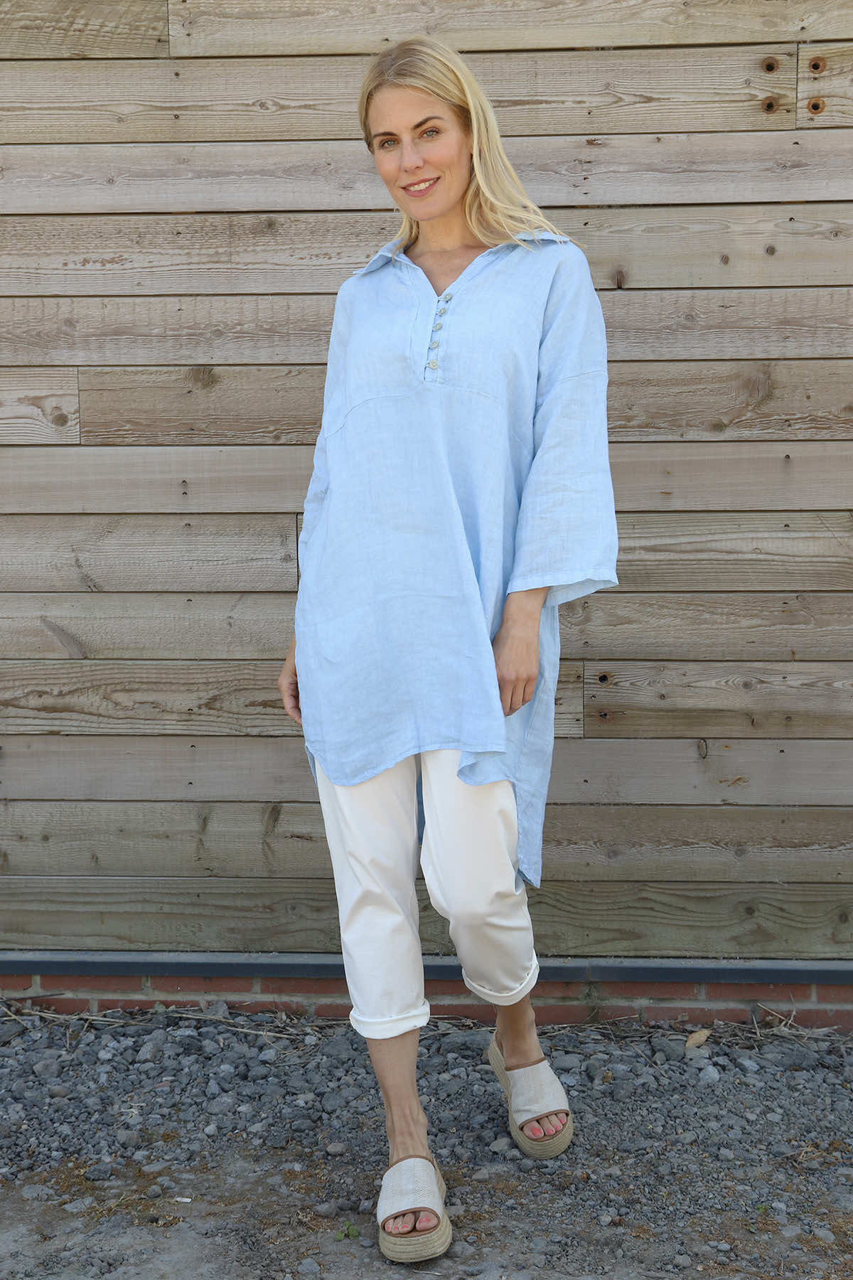 Tarna Button Linen Tunic Light Blue