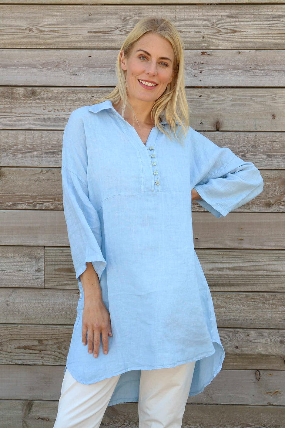 Tarna Button Linen Tunic Light Blue