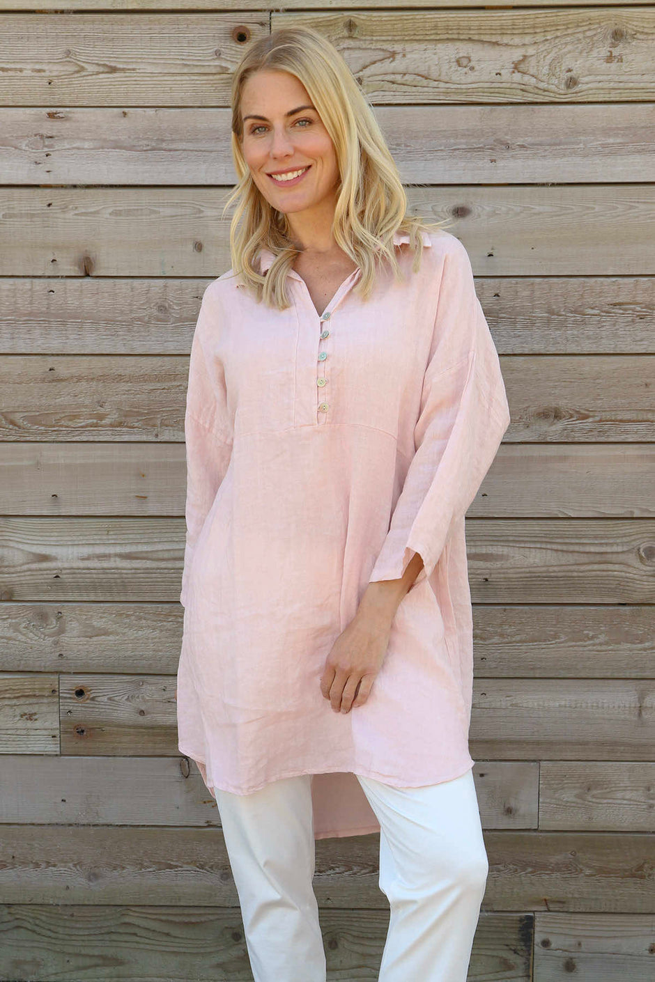 Tarna Button Linen Tunic Pink