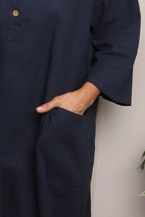 Reese Button Linen Dress Navy - Image 2