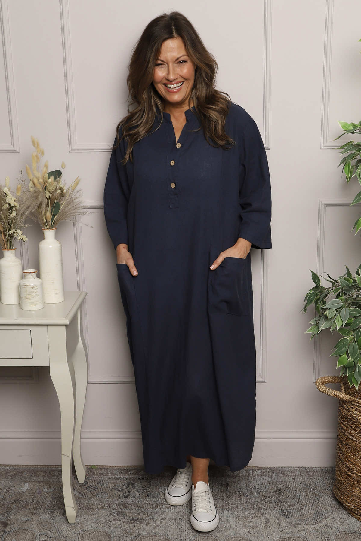 Reese Button Linen Dress Navy