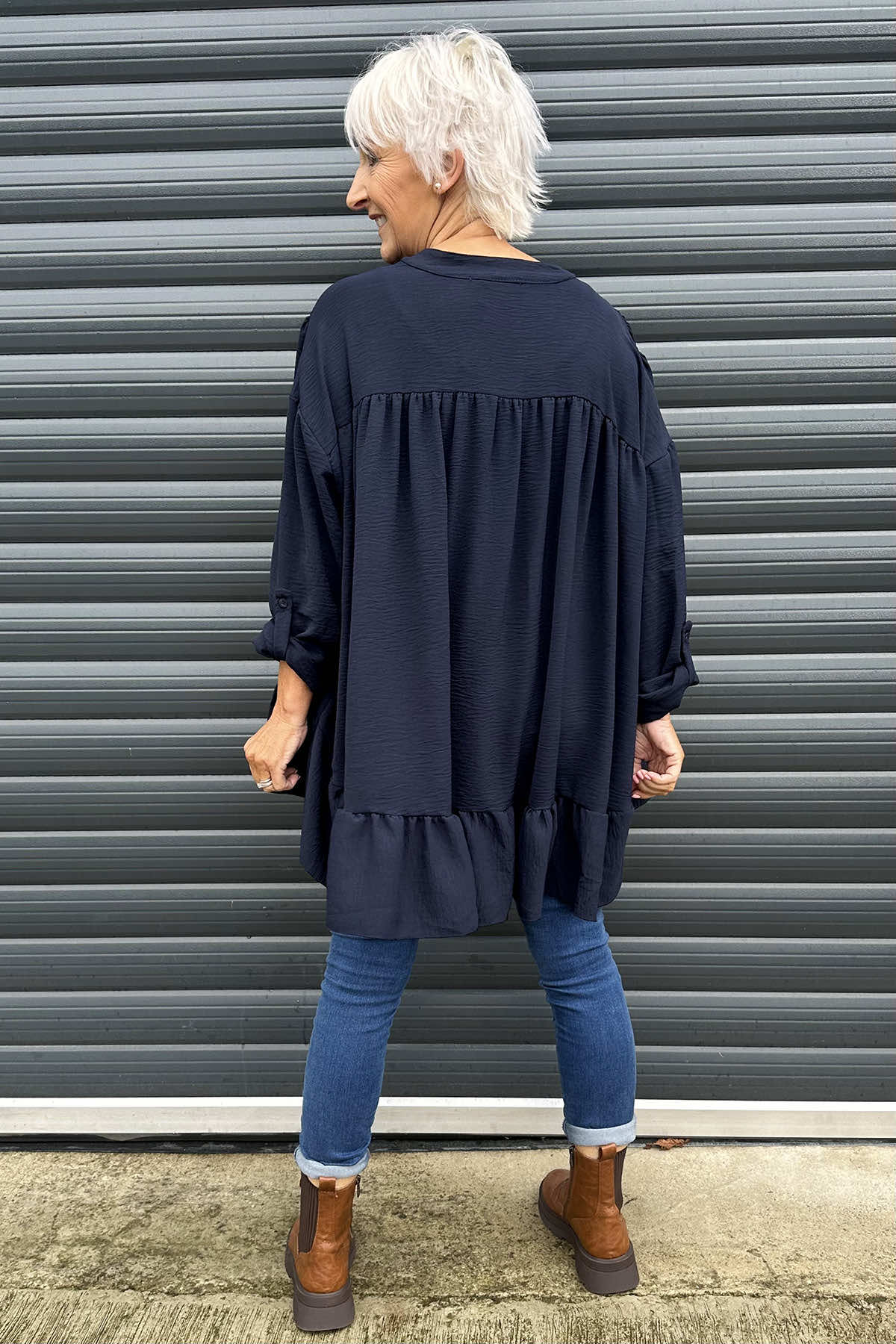 Margaux V-Neck Frill Top Navy