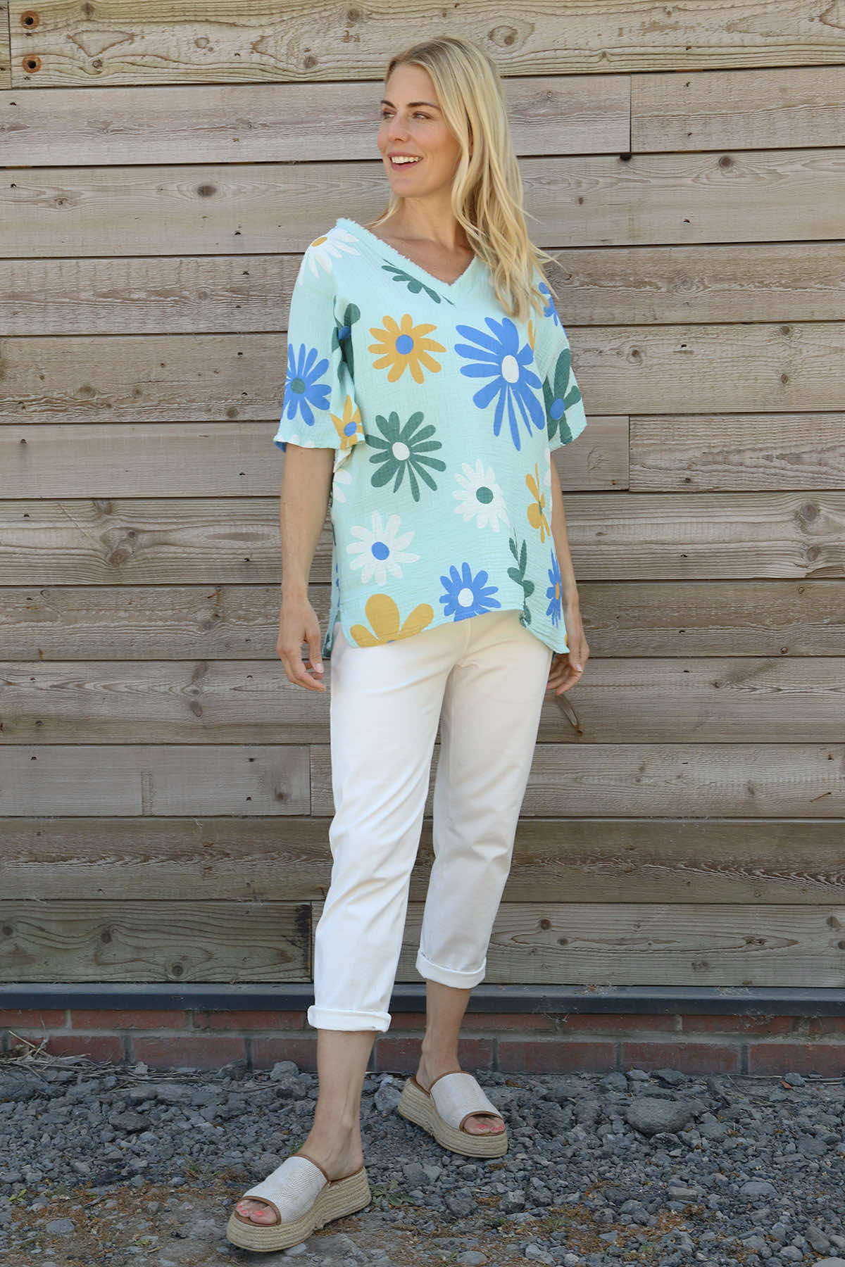Yvonne Floral Crinkle Cotton Top Mint