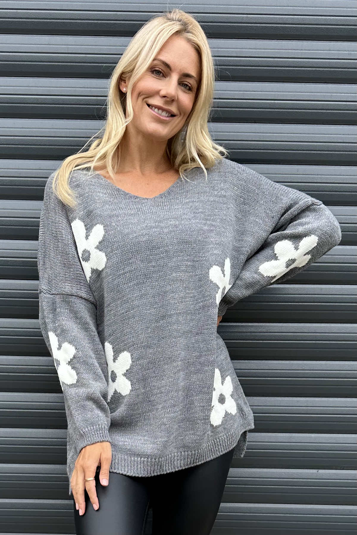 Valerie Flower Knitted Jumper Mid Grey