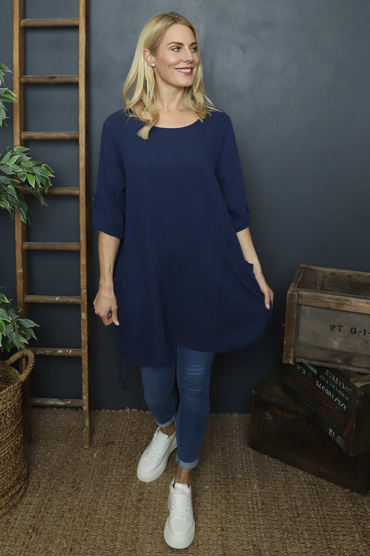 Casey Crinkle Cotton Tunic Navy