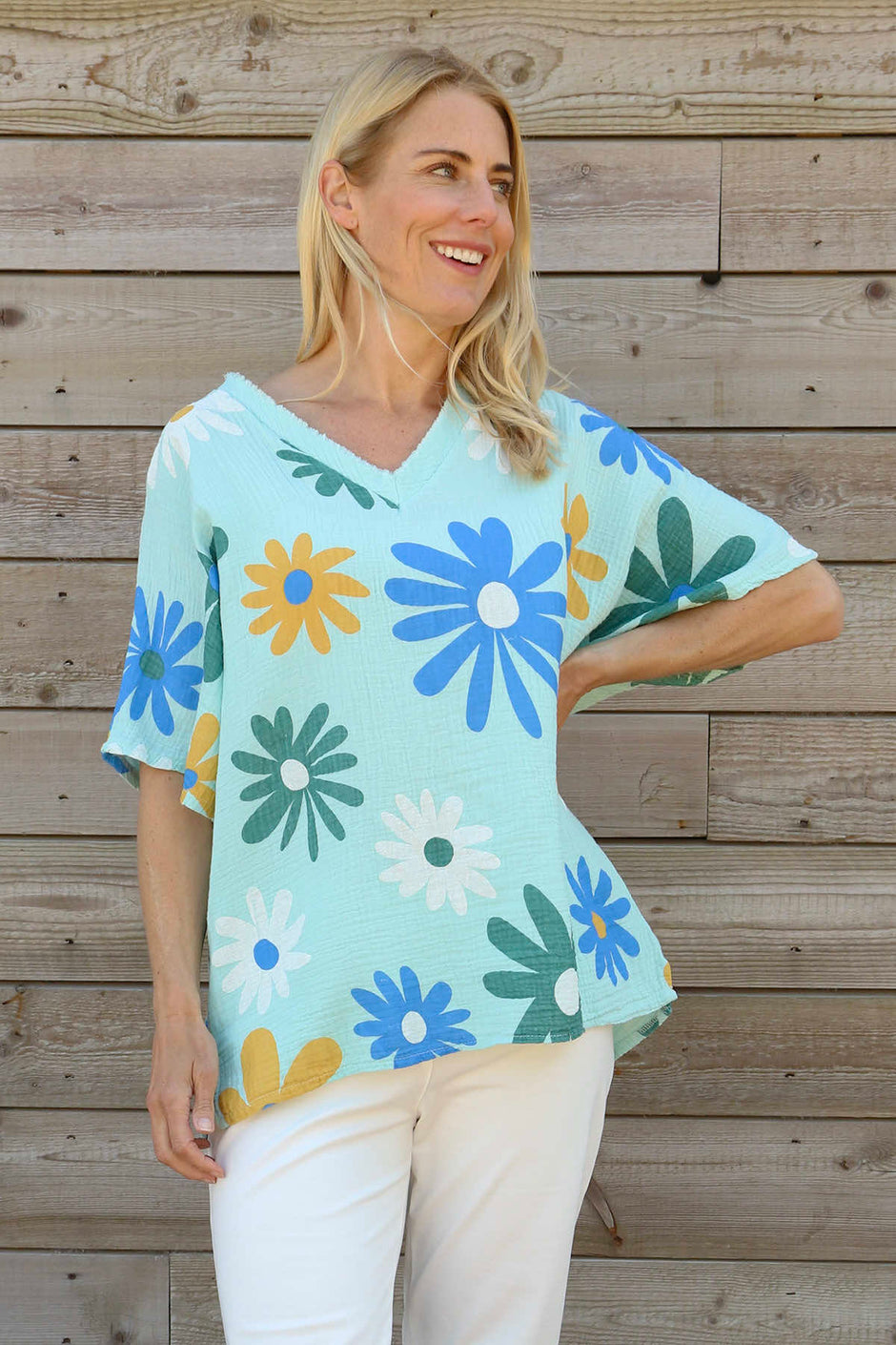 Yvonne Floral Crinkle Cotton Top Mint