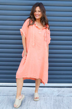 Carlina Hooded Flower Detail Linen Dress Orange