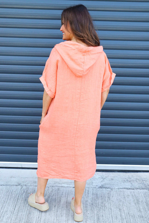 Carlina Hooded Flower Detail Linen Dress Orange - Image 4