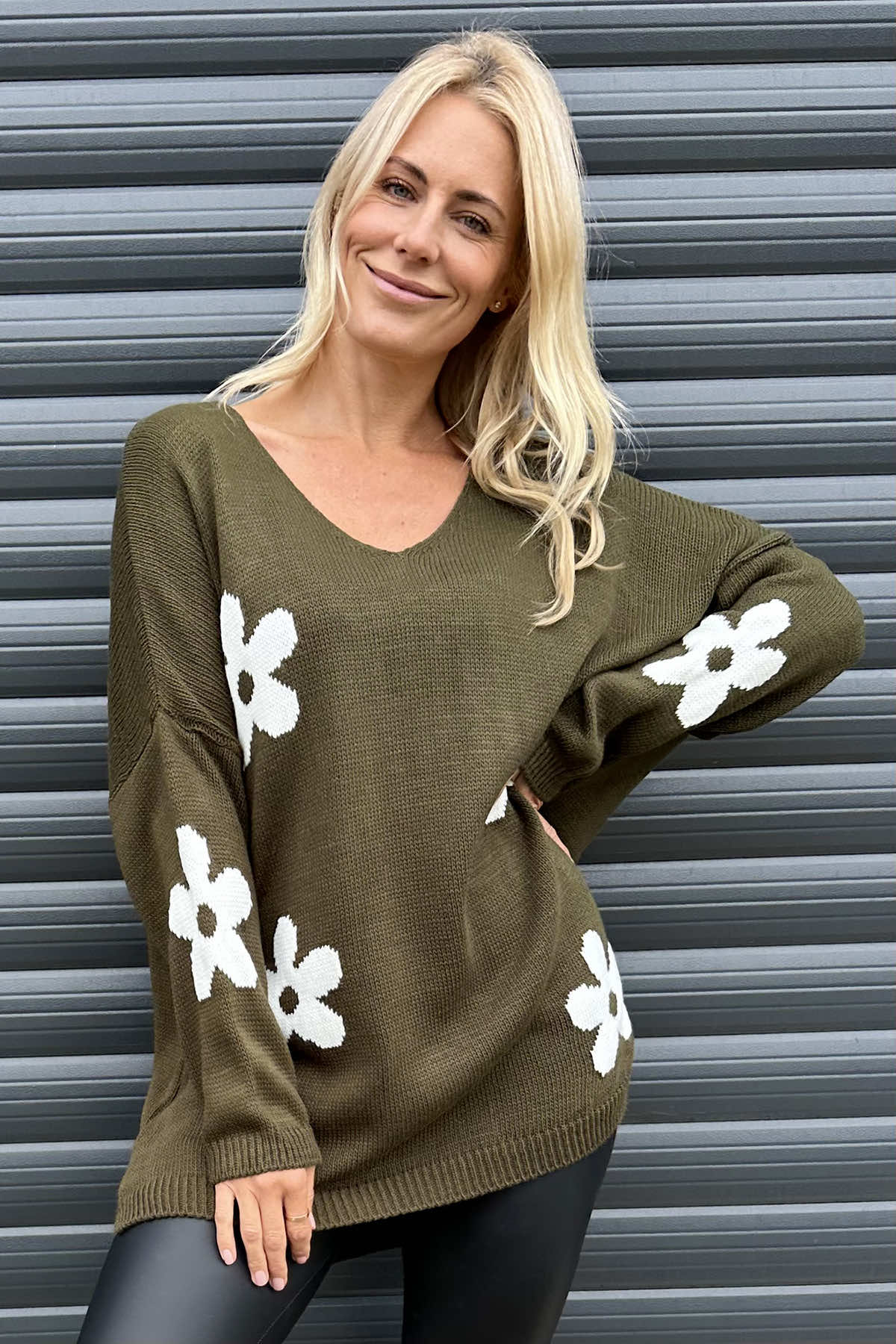 Valerie Flower Knitted Jumper Khaki