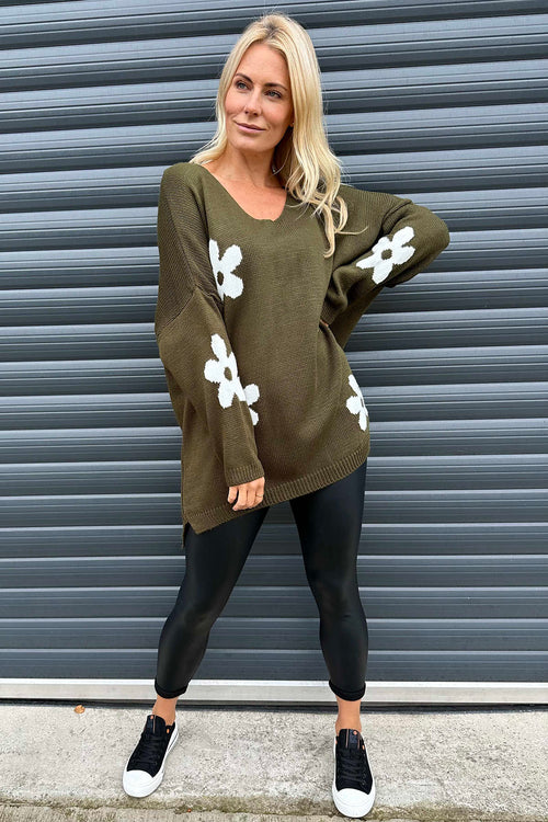 Valerie Flower Knitted Jumper Khaki - Image 1