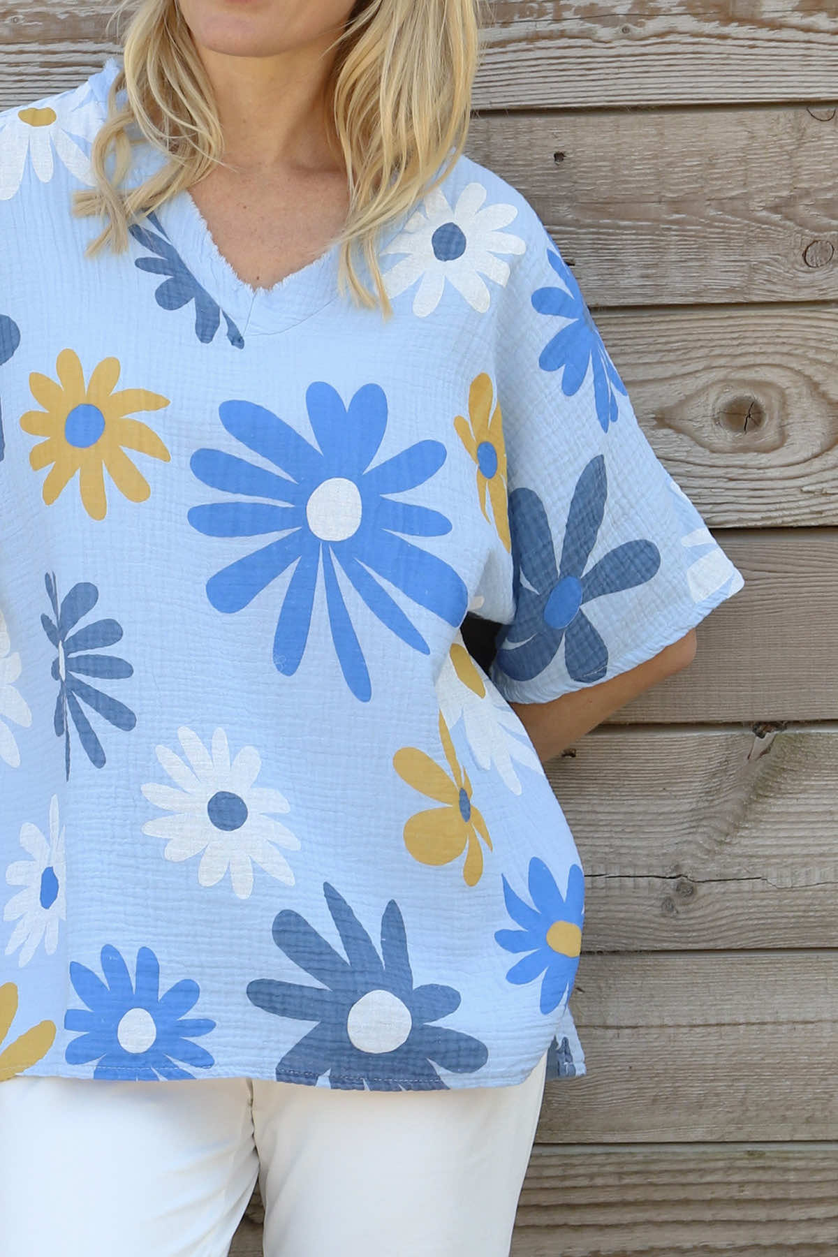 Yvonne Floral Crinkle Cotton Top Light Blue