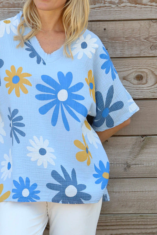 Yvonne Floral Crinkle Cotton Top Light Blue - Image 3