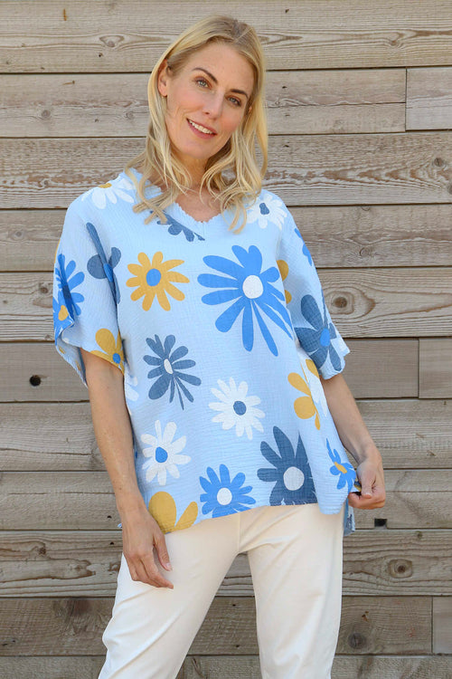 Yvonne Floral Crinkle Cotton Top Light Blue