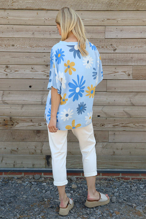 Yvonne Floral Crinkle Cotton Top Light Blue - Image 4