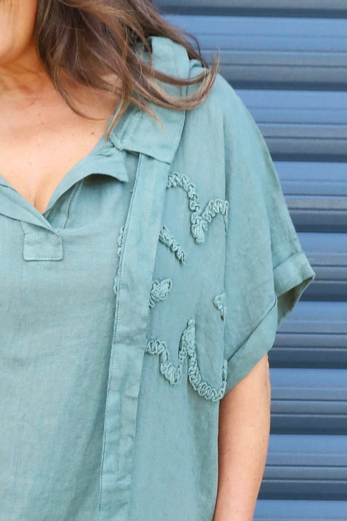 Carlina Hooded Flower Detail Linen Dress Khaki - Image 2