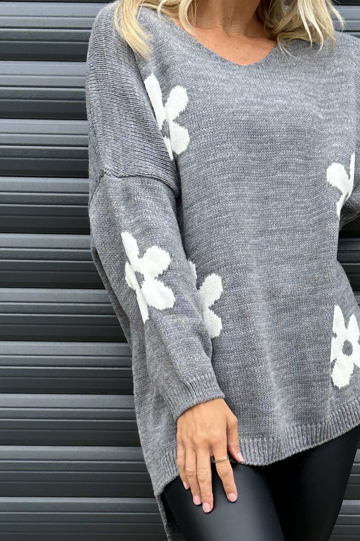 Valerie Flower Knitted Jumper Mid Grey