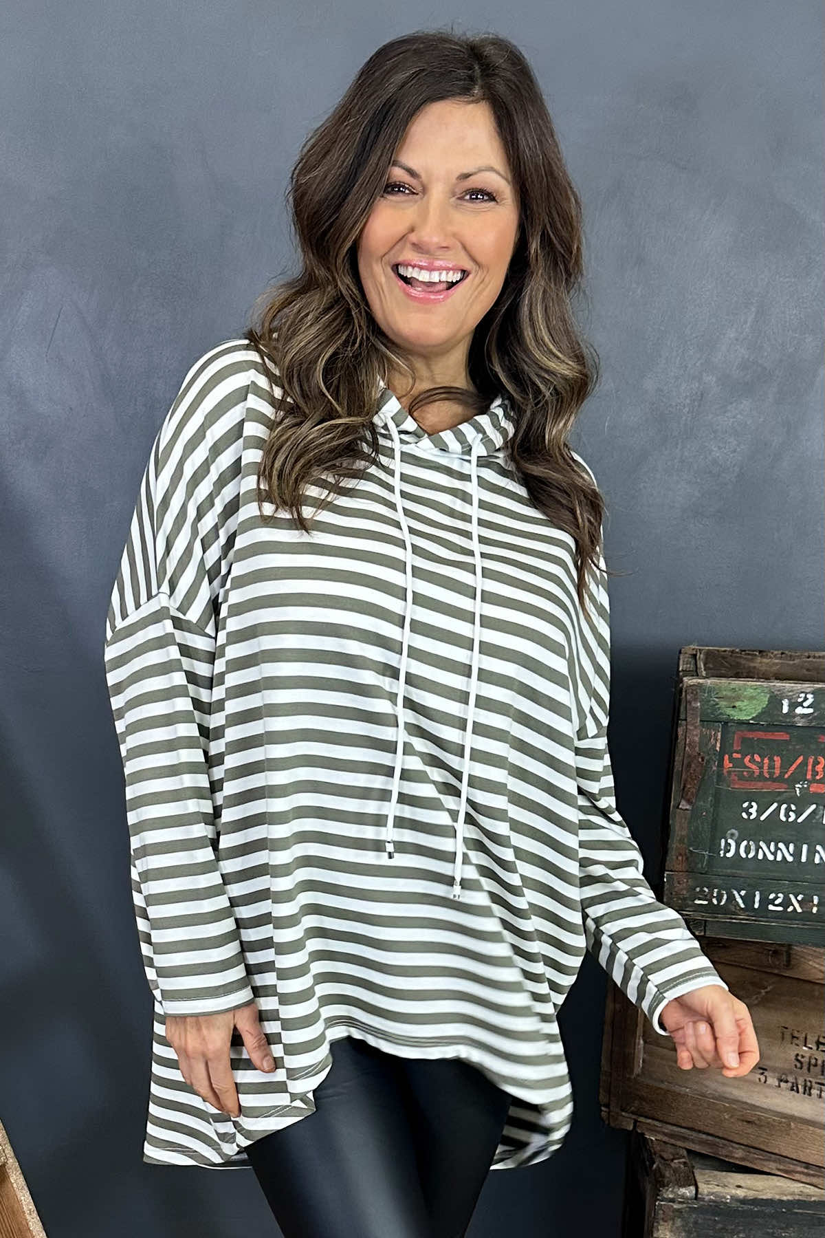 Elora Stripe Hooded Top Khaki