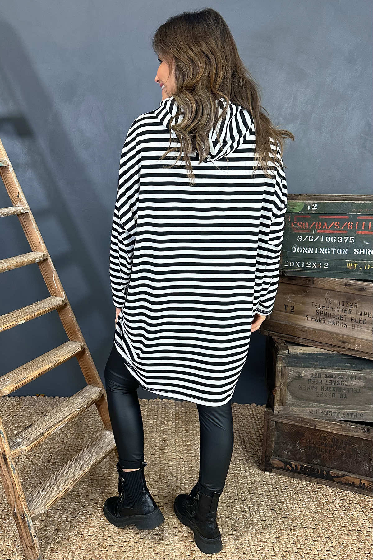 Elora Stripe Hooded Top Black