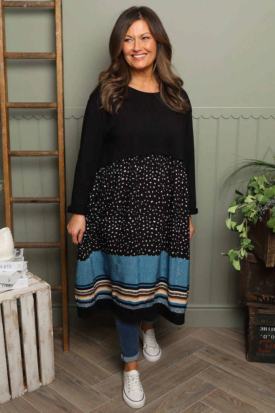 Janette Pattern Cotton Dress Black