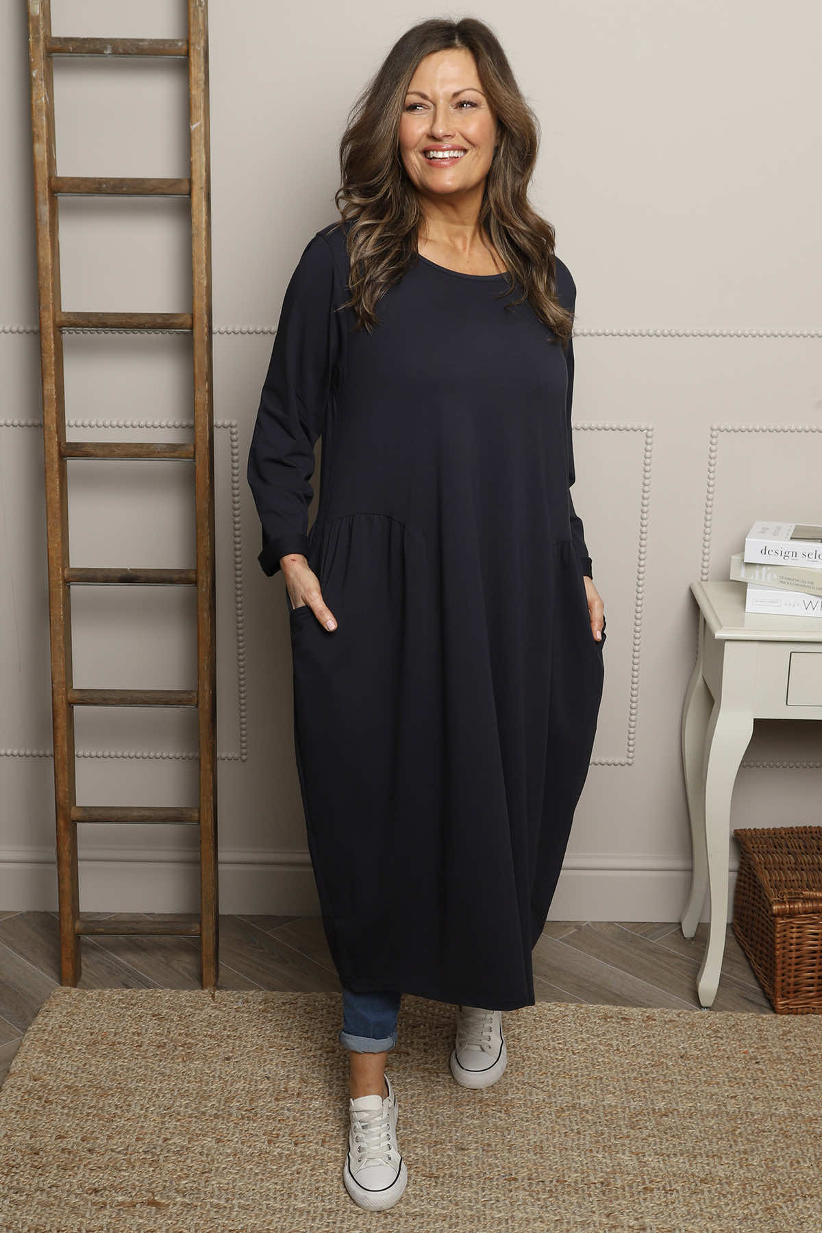 Kayleigh Long Sleeve Cotton Dress Navy