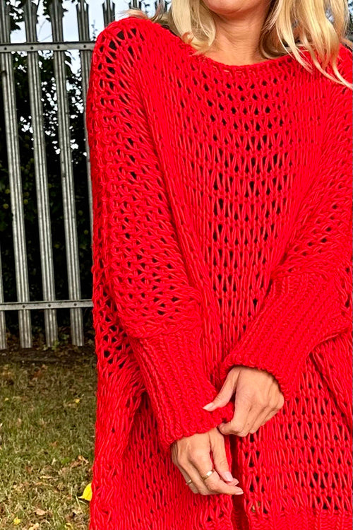 Freyja Slouch Crochet Jumper Red - Image 3