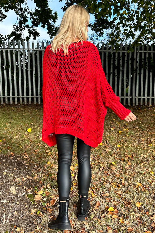 Freyja Slouch Crochet Jumper Red - Image 4