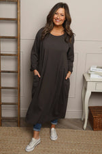 Kayleigh Long Sleeve Cotton Dress Charcoal Charcoal - Kayleigh Long Sleeve Cotton Dress Charcoal