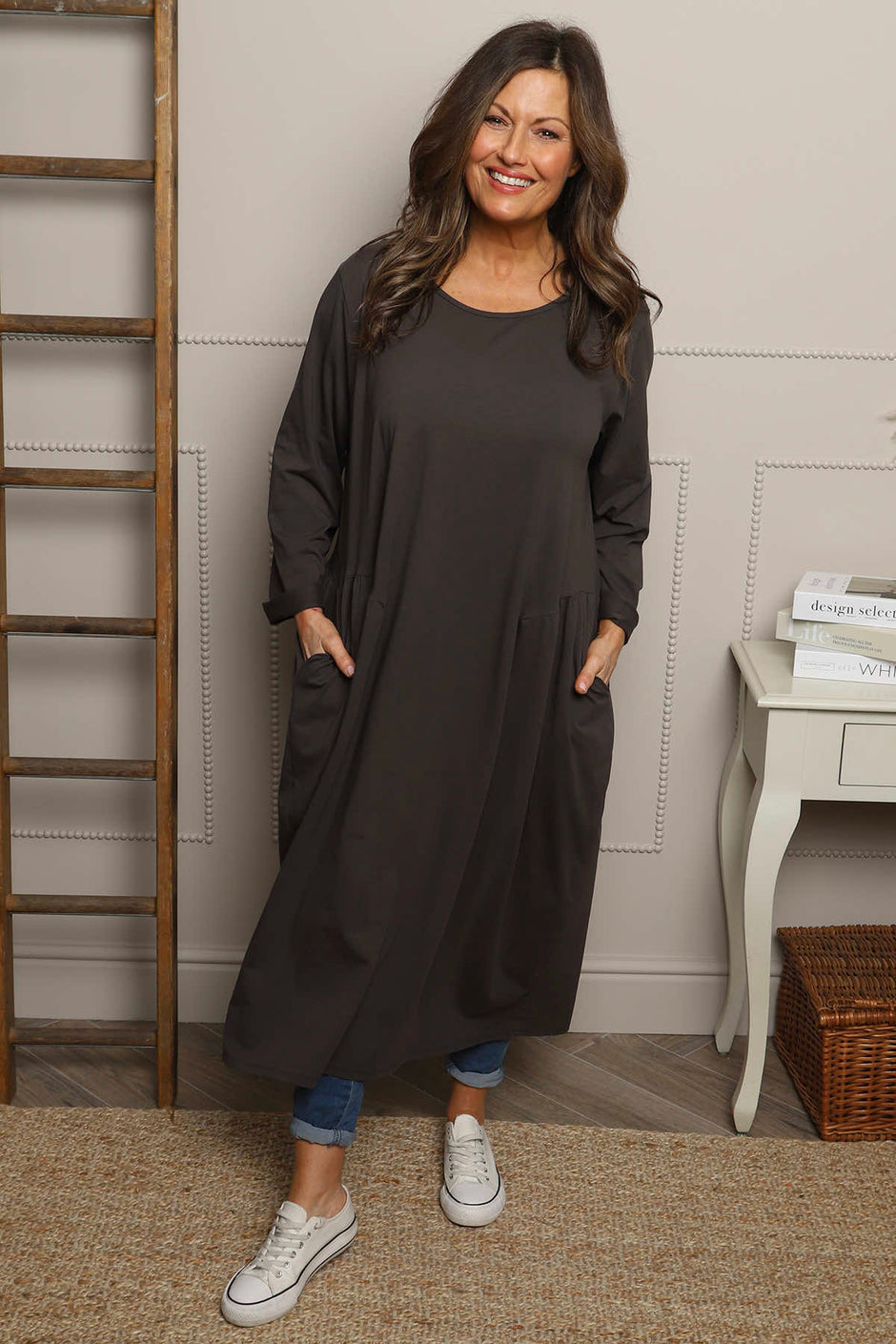 Kayleigh Long Sleeve Cotton Dress Charcoal