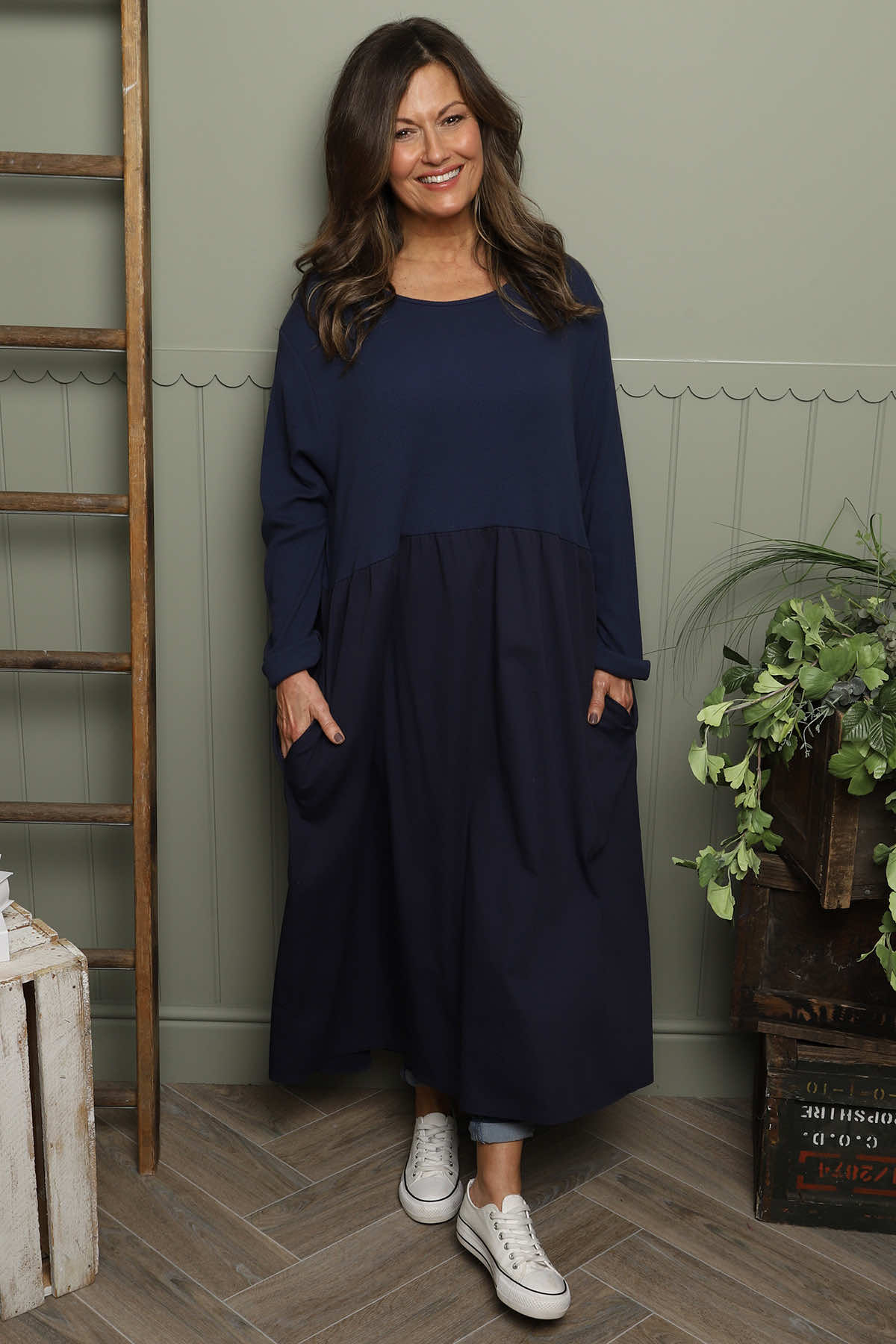 Tina Ribbed Detail Cotton Dress Navy