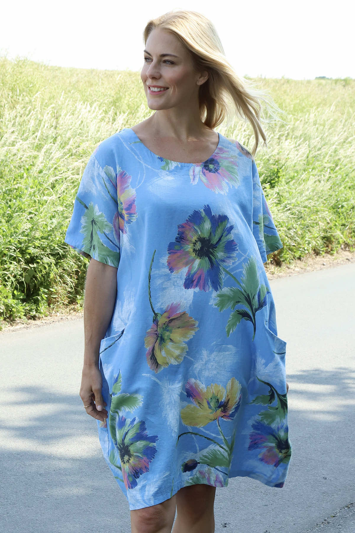 Milana Print Linen Dress Powder Blue