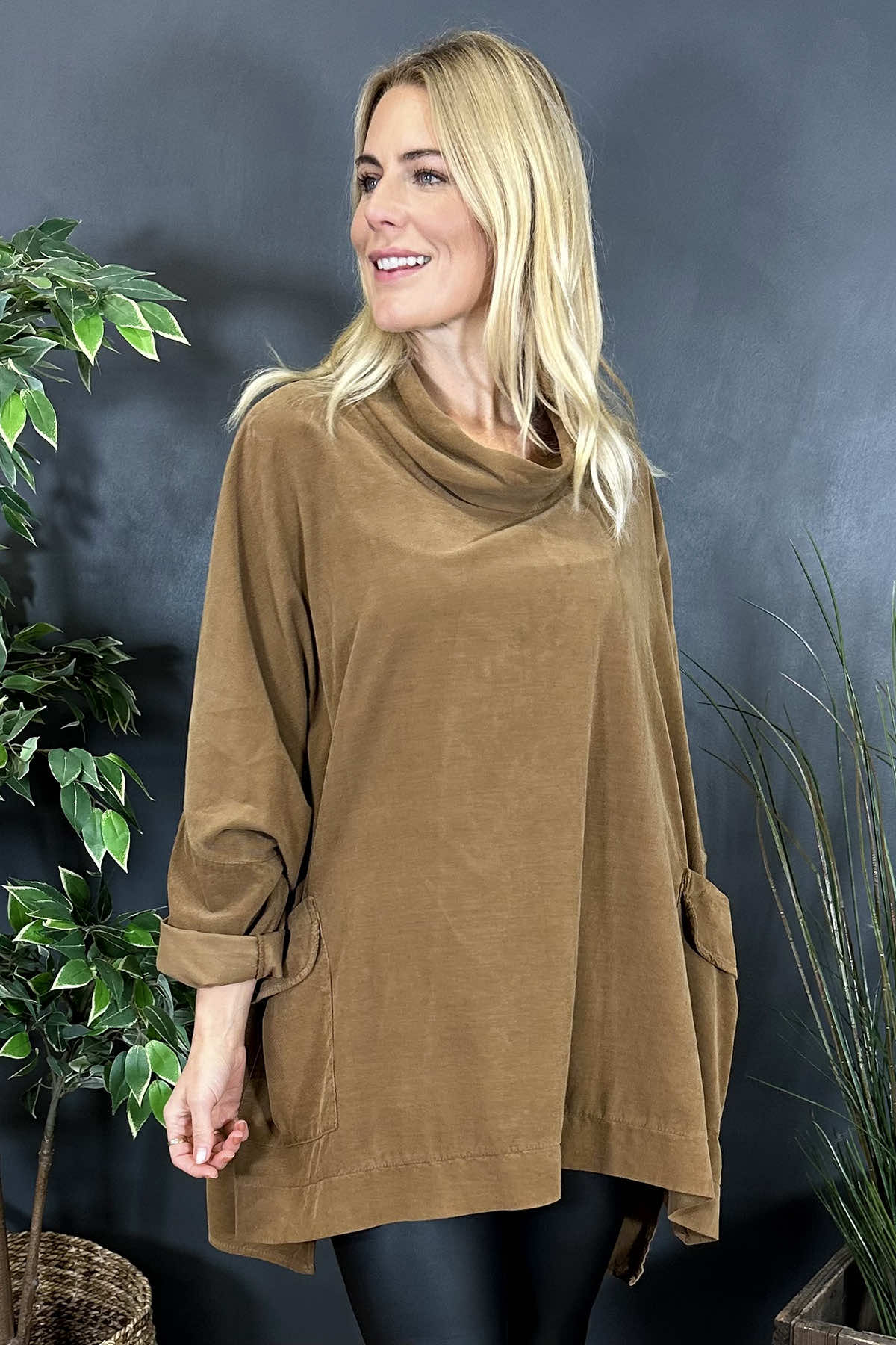 Katia Cowl Neck Cord Top Camel