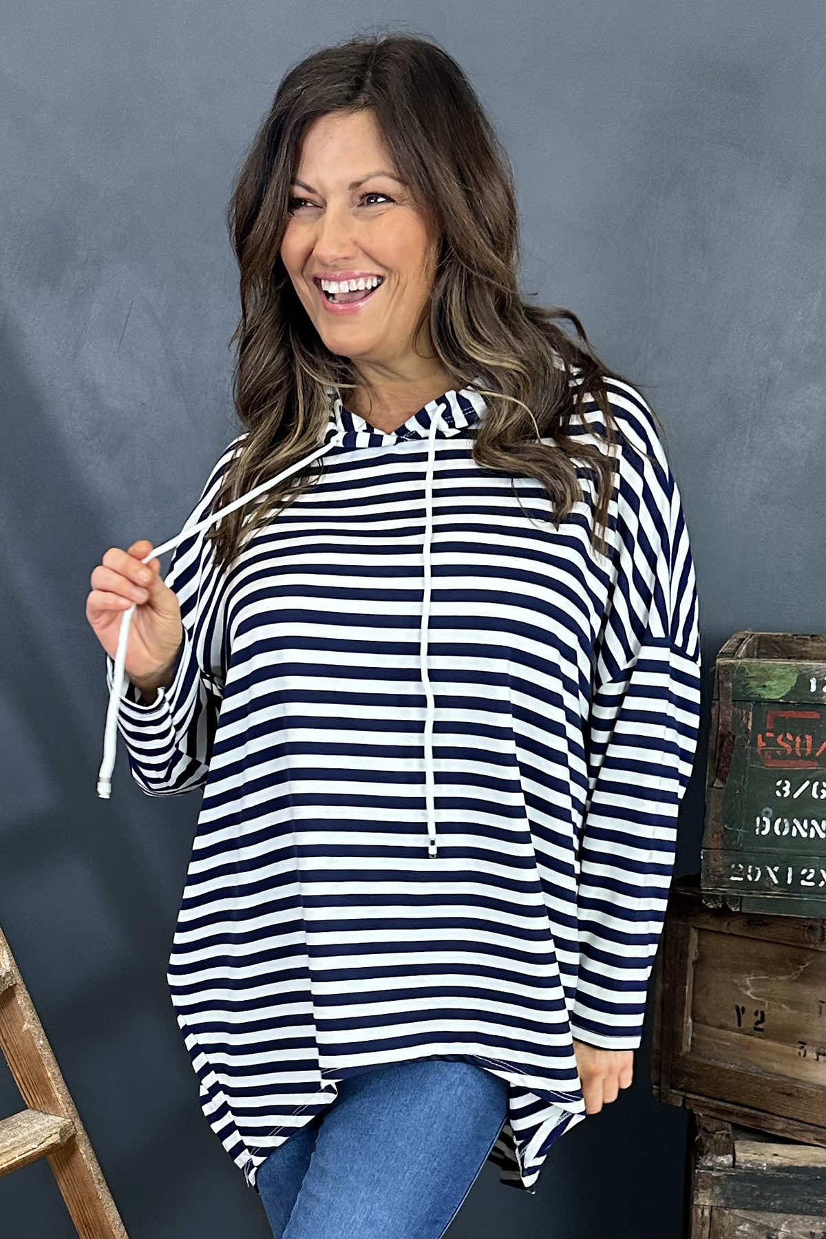 Elora Stripe Hooded Top Navy