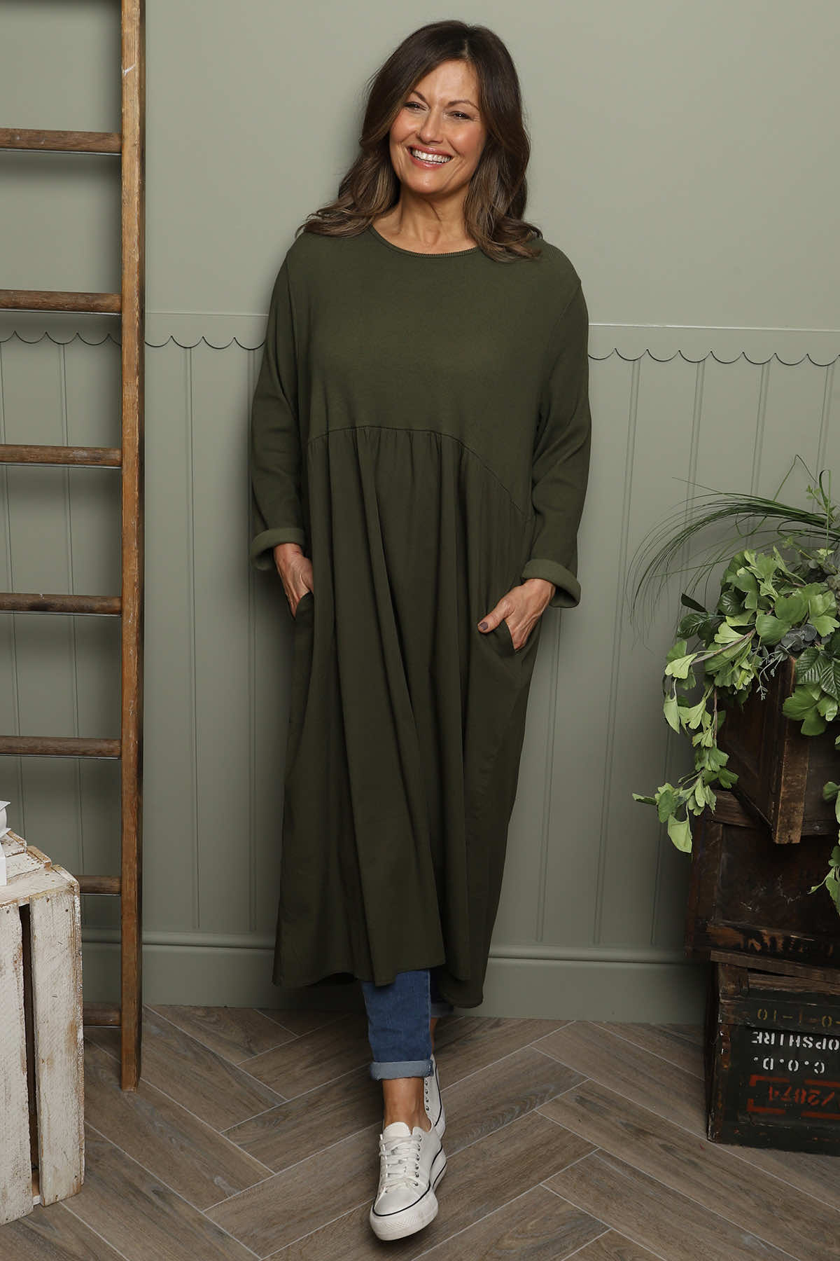 Tina Ribbed Detail Cotton Dress Khaki
