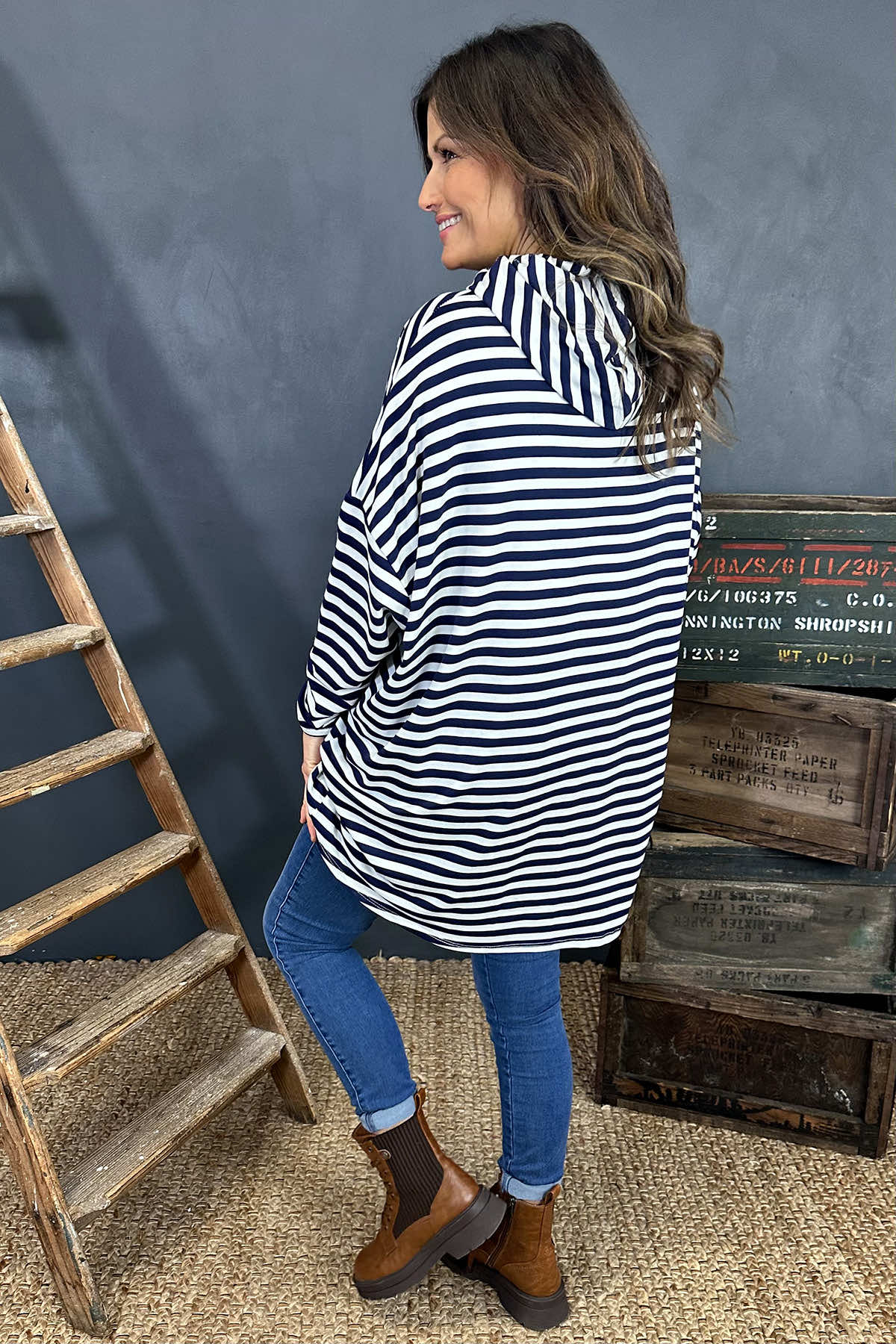 Elora Stripe Hooded Top Navy