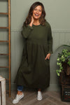 Tina Ribbed Detail Cotton Dress Khaki