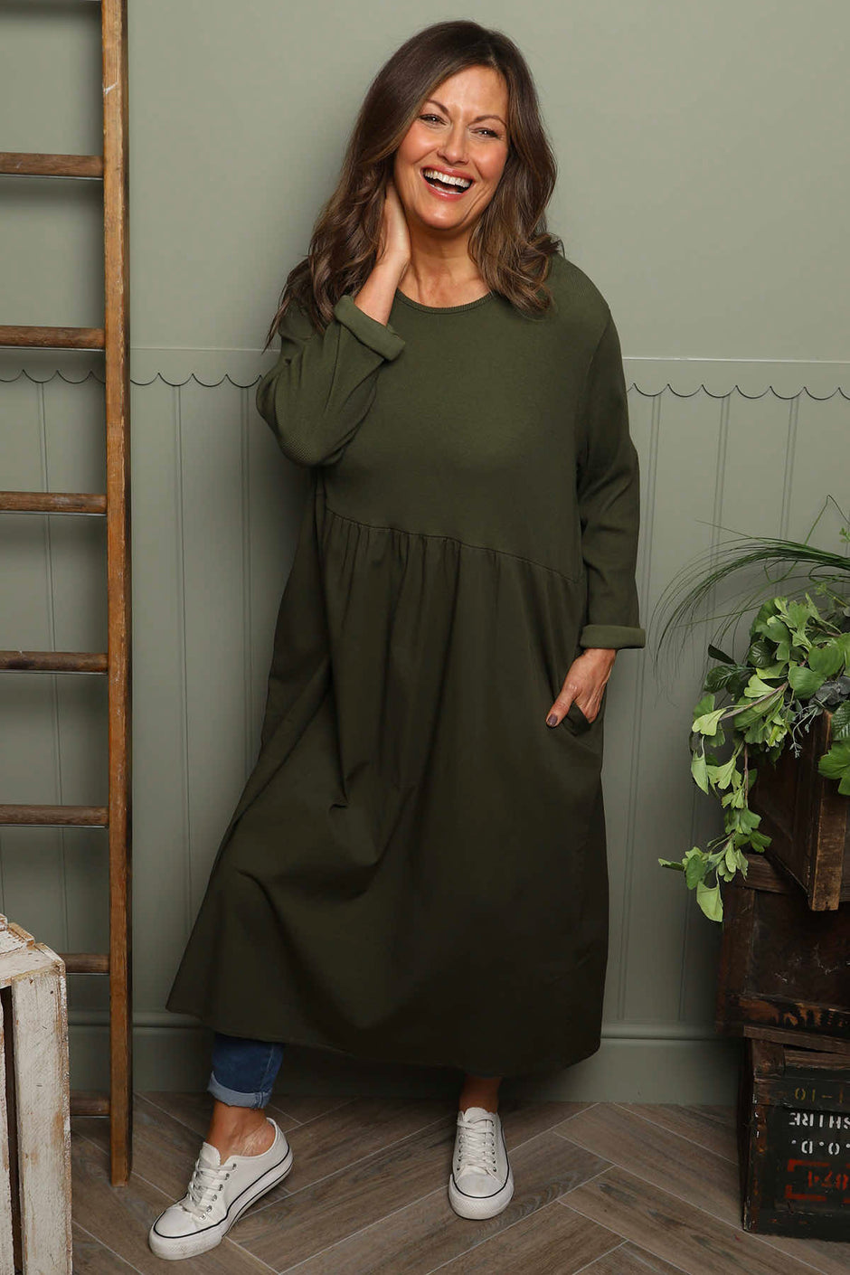 Tina Ribbed Detail Cotton Dress Khaki