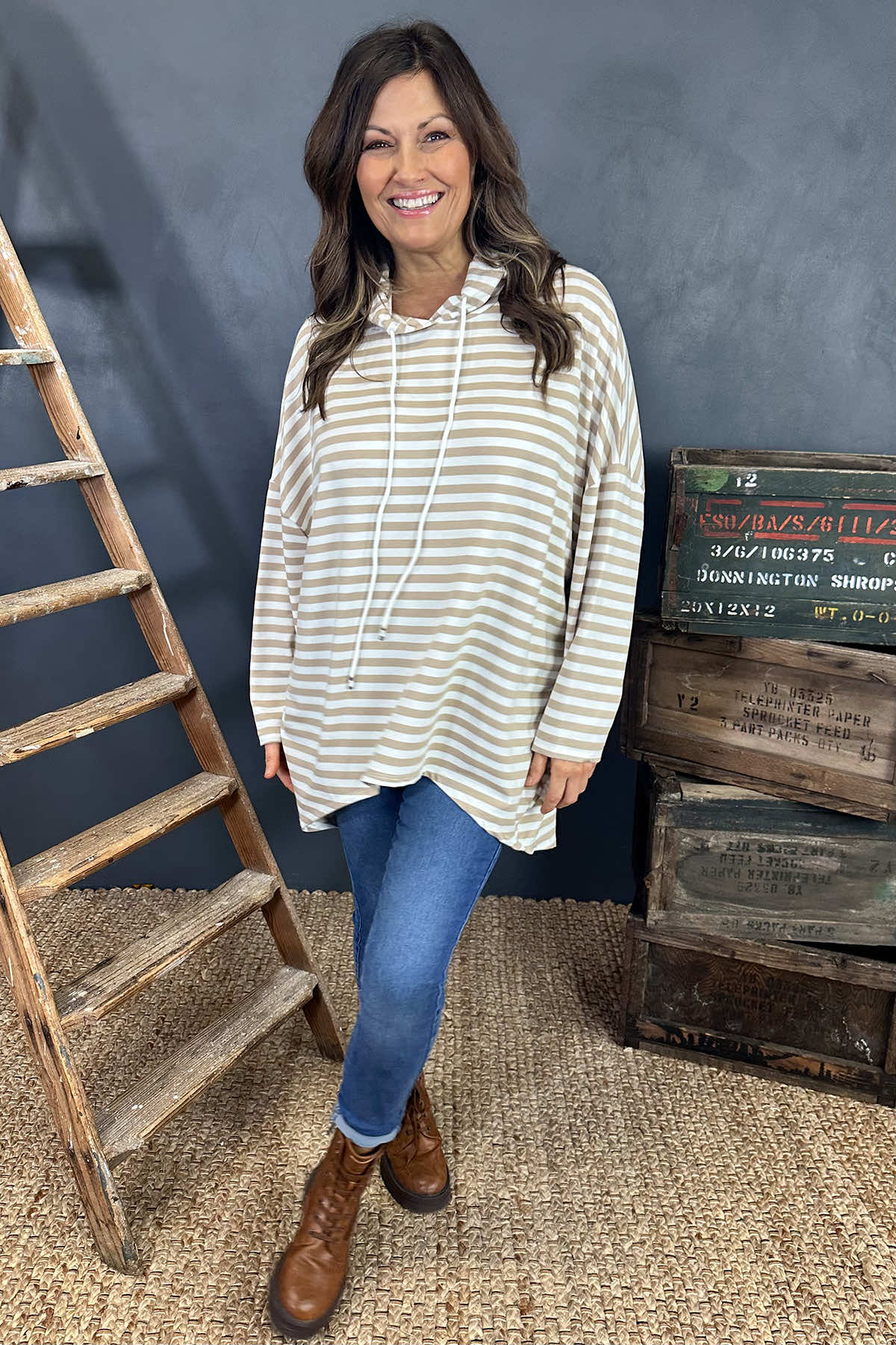 Elora Stripe Hooded Top Stone