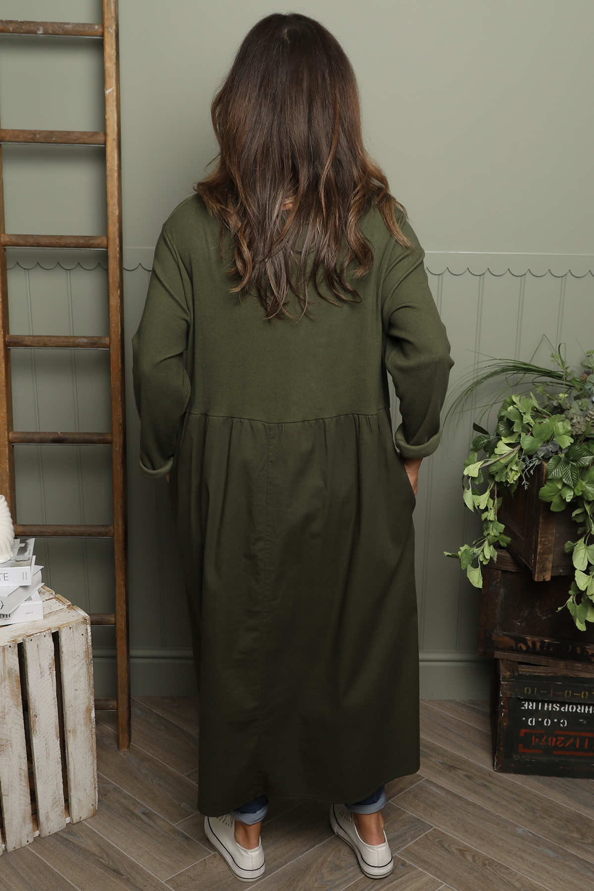 Tina Ribbed Detail Cotton Dress Khaki