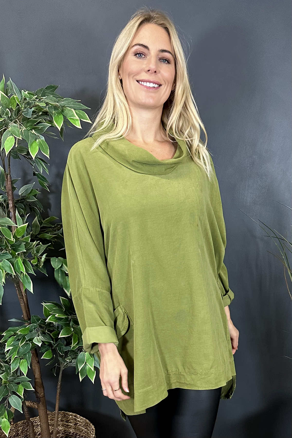 Katia Cowl Neck Cord Top Olive