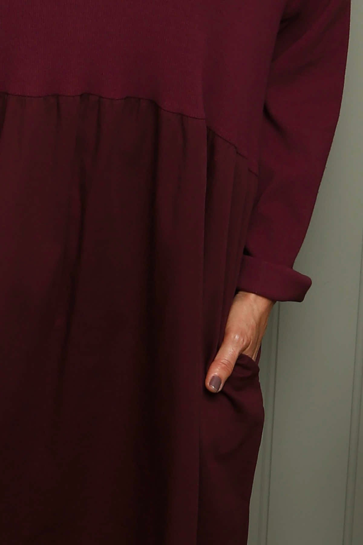 Tina Ribbed Detail Cotton Dress Burgundy
