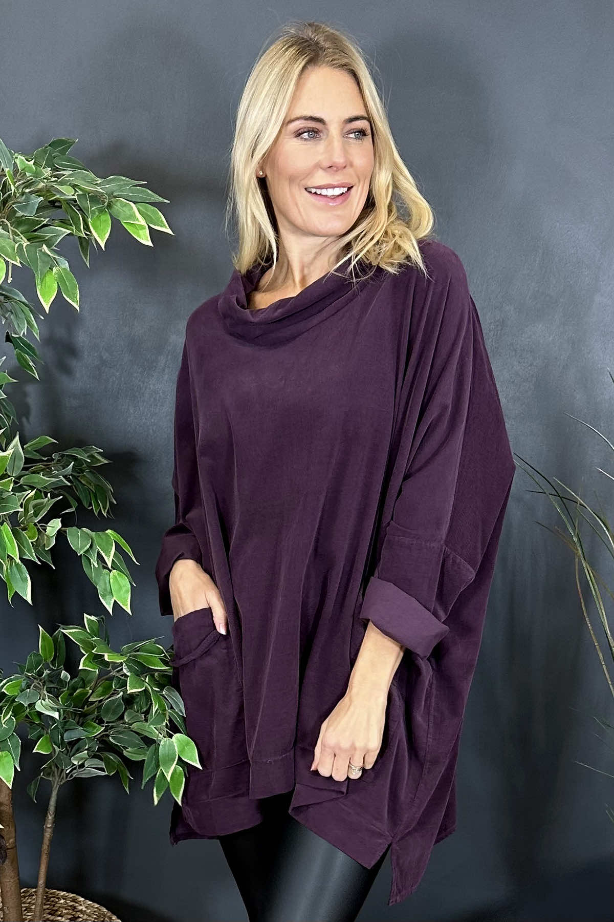 Katia Cowl Neck Cord Top Aubergine