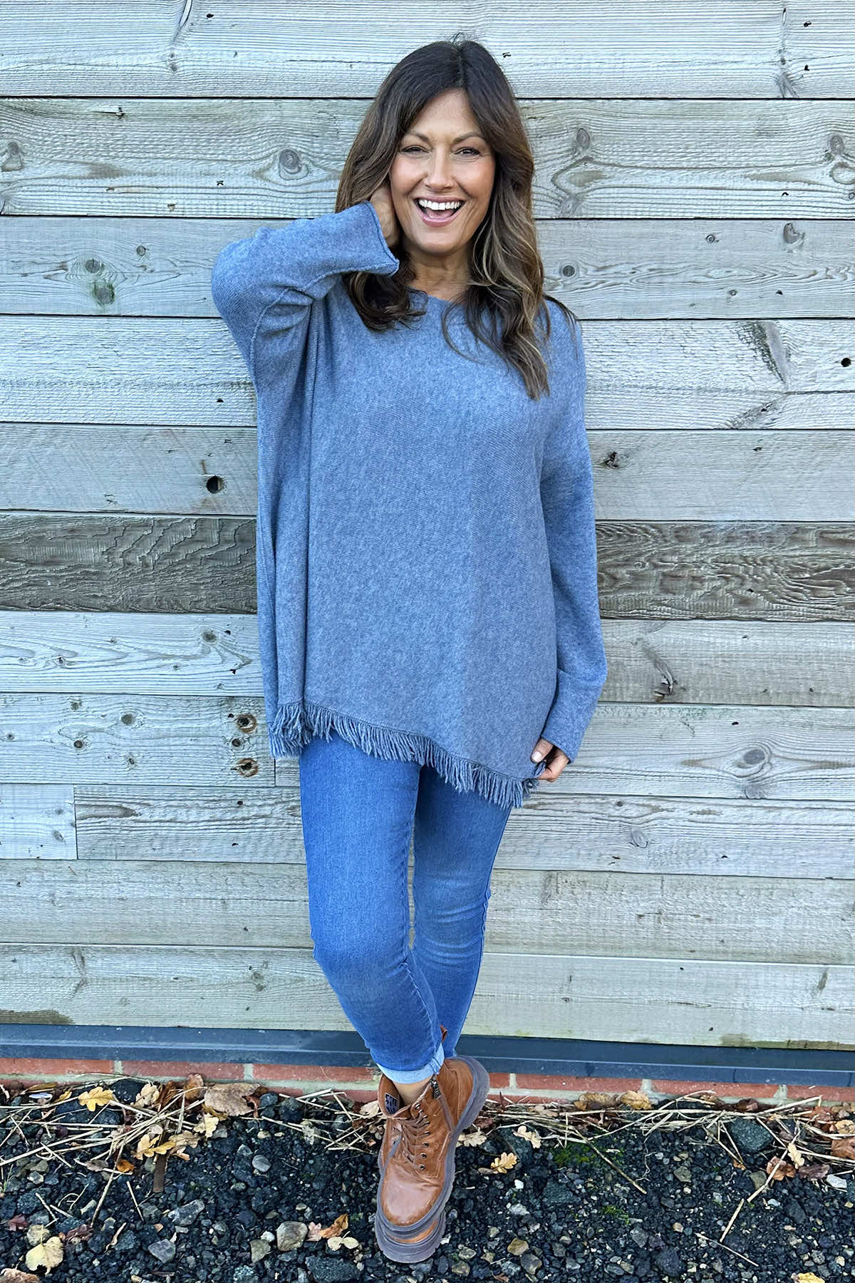 Sally Fringe Hem Jumper Blue Grey