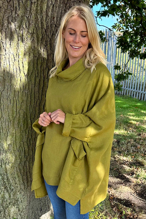 Katia Cowl Neck Linen Top Olive - Image 2