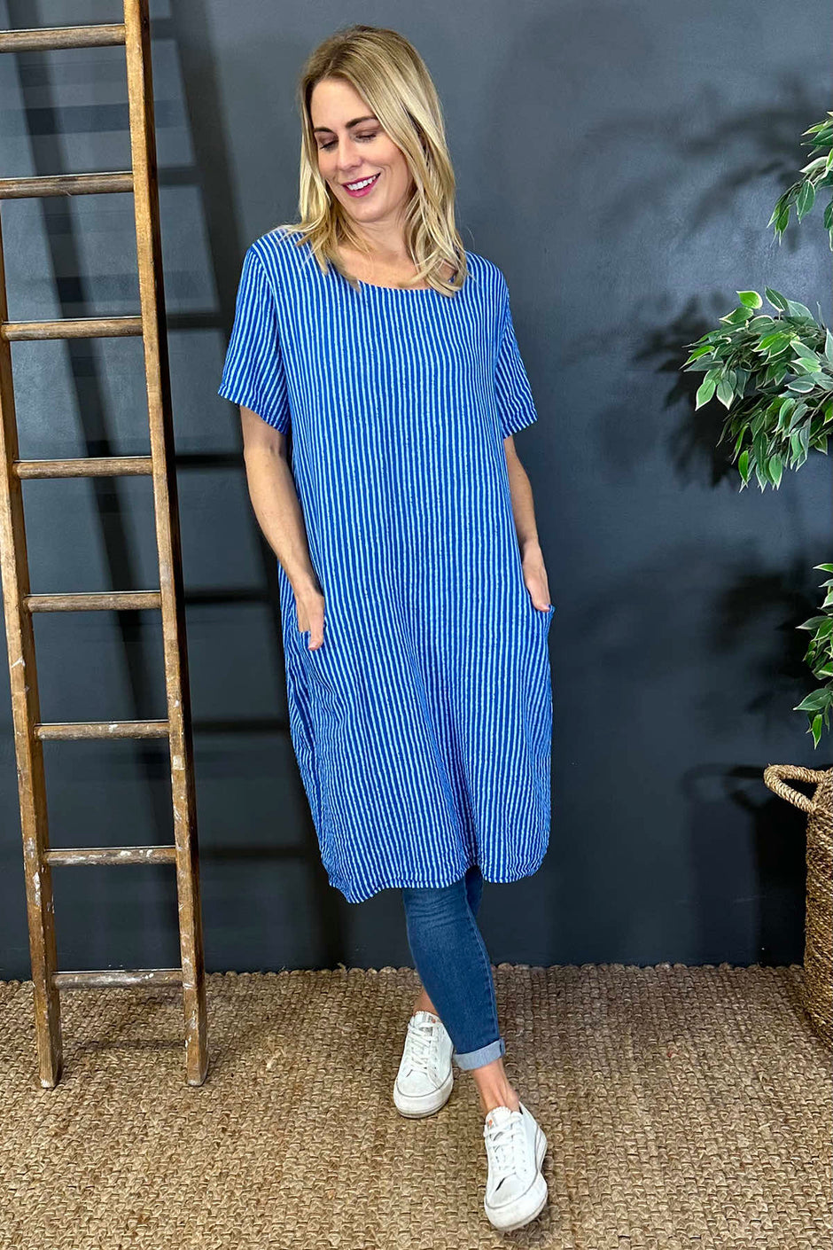 Phoebe Stripe Cotton Dress Cobalt