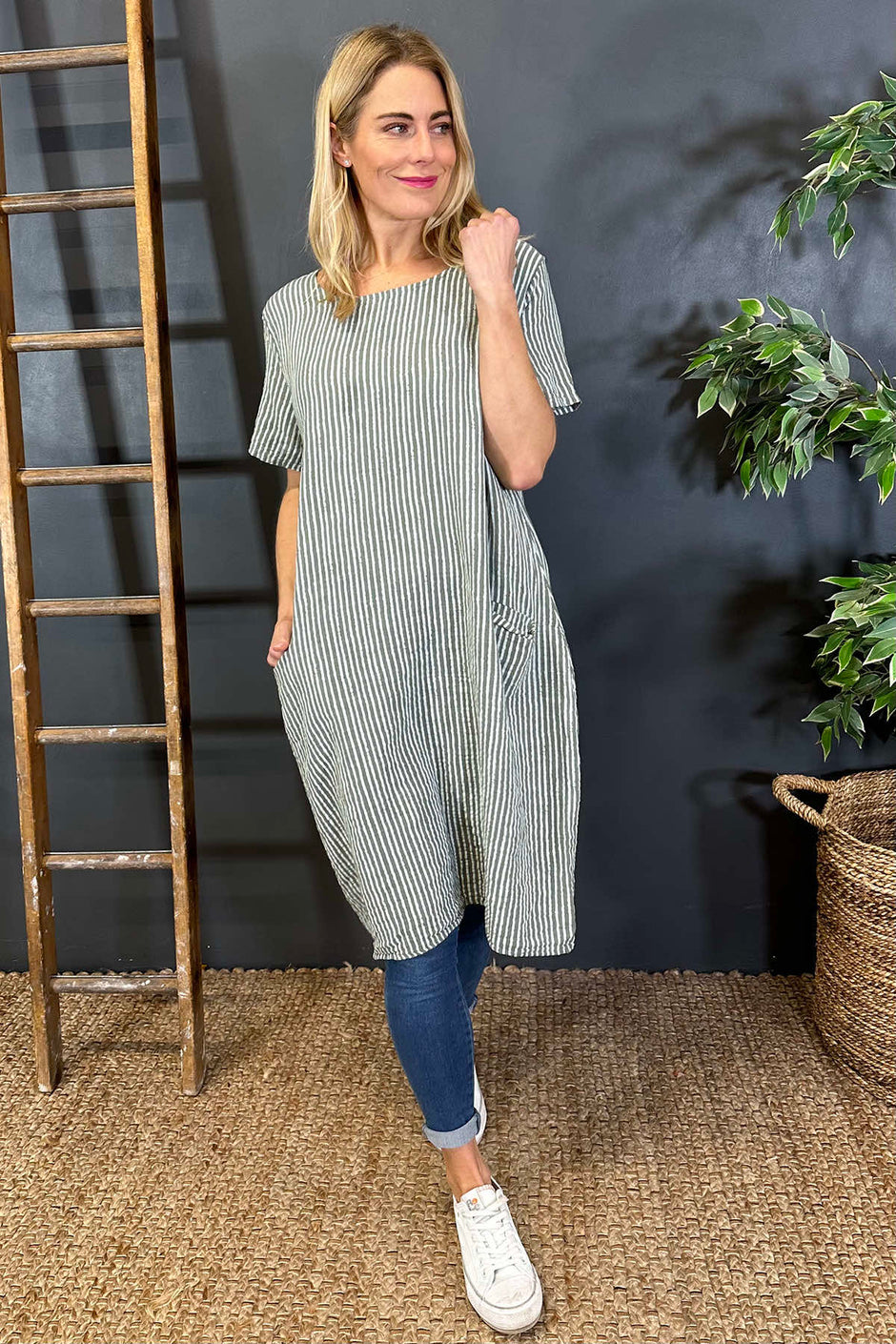 Phoebe Stripe Cotton Dress Khaki