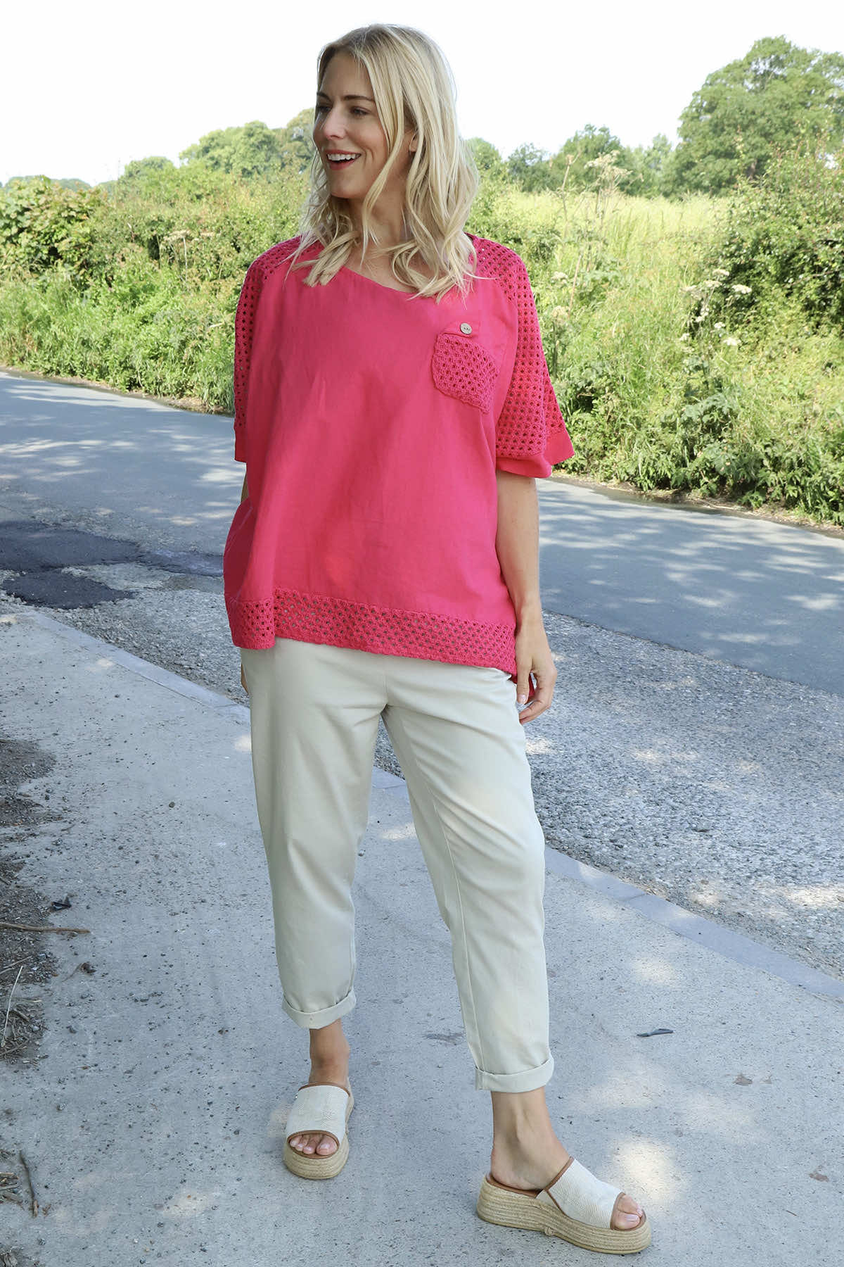 Kristiana Crochet Detail Linen Top Fuchsia
