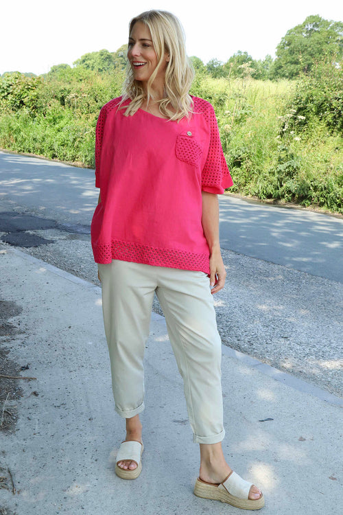Kristiana Crochet Detail Linen Top Fuchsia - Image 2