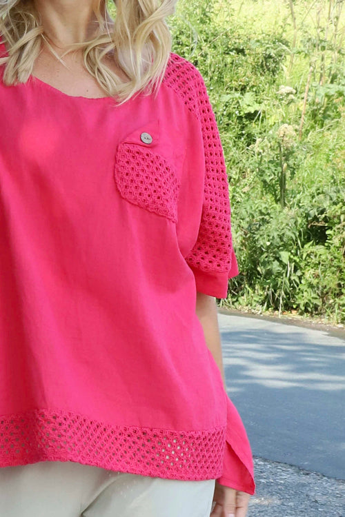 Kristiana Crochet Detail Linen Top Fuchsia - Image 3