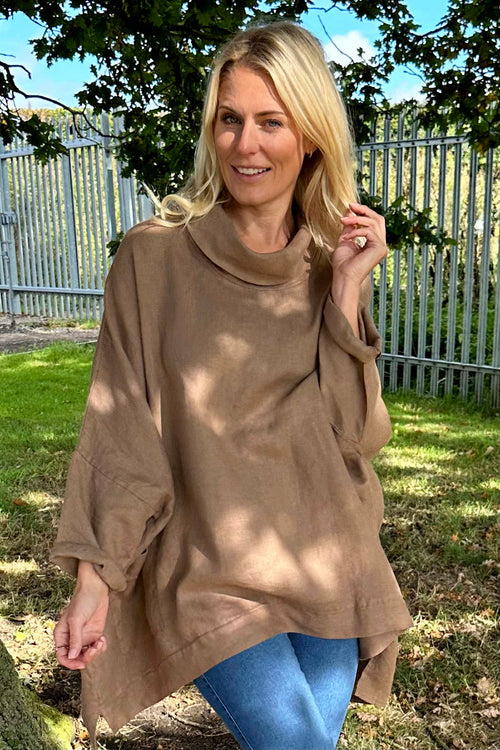 Katia Cowl Neck Linen Top Camel - Image 3