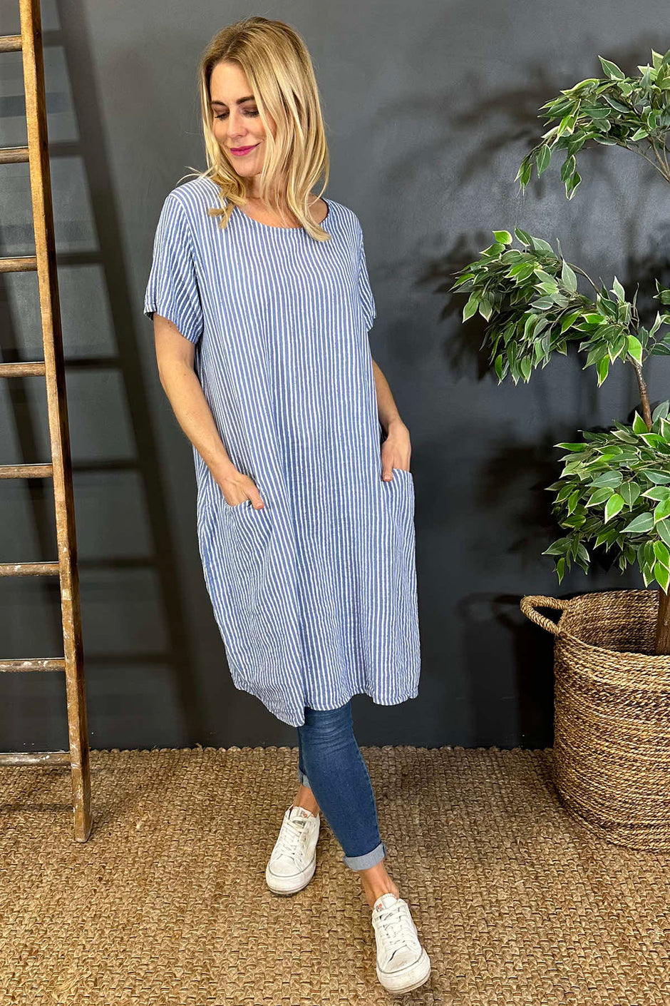Phoebe Stripe Cotton Dress Blue